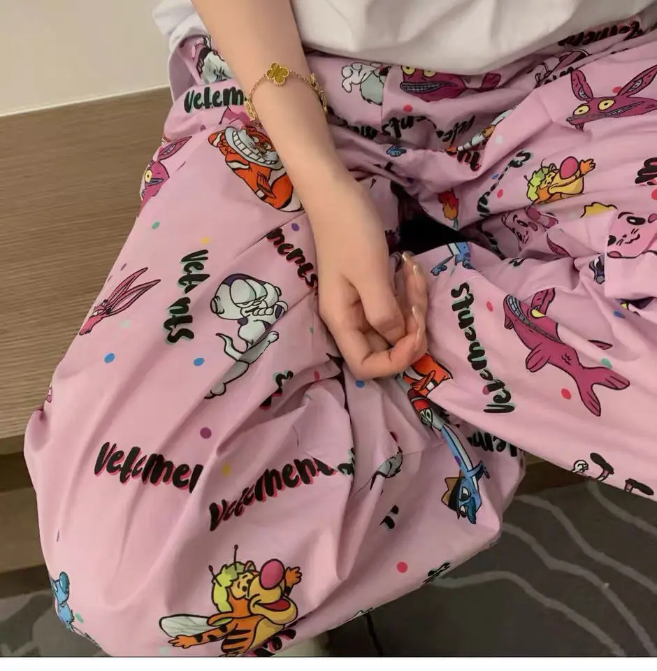 Net celebrity same style tide brand thin imported fabric cartoon printing VTM casual pants pink loose pants women