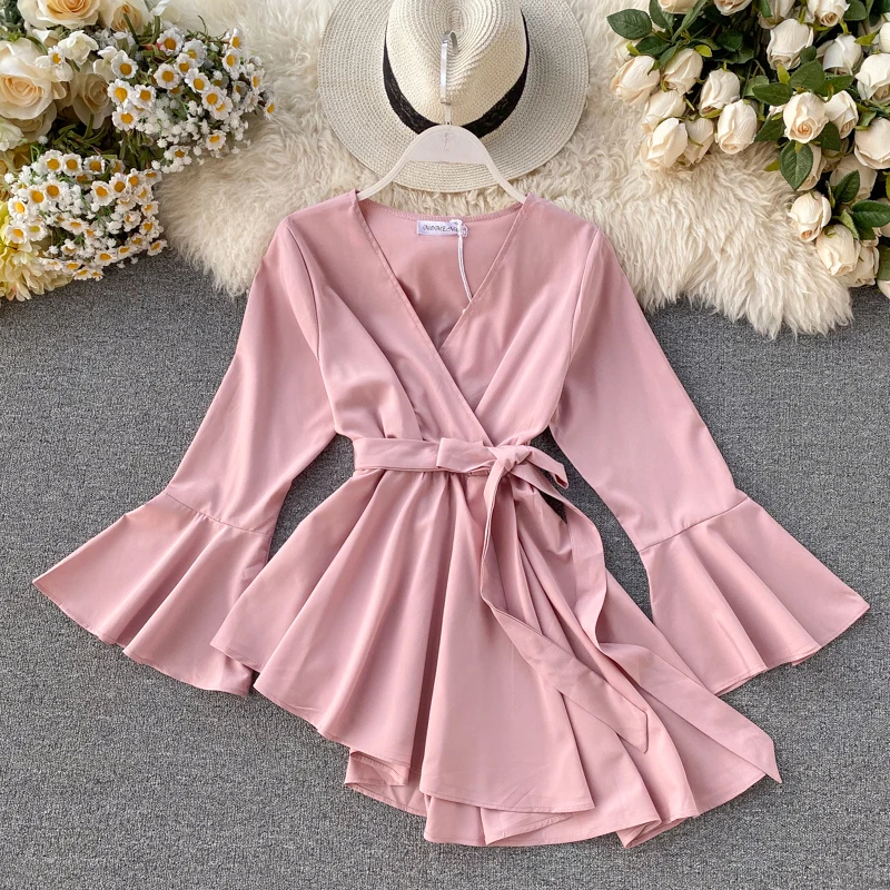 Women's Long Shirt Design Irregular Lace Up Waist Flare Sleeve V-neck Solid Temperament Tops Office Lady Women Shirts ML542 | Женская