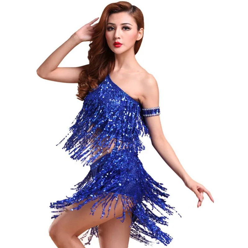 Платье для танцев с блестками, платье для танцев, женский костюм, Танго, Латинская Сальса, вечерние платья для женщин - Цвет: Синий
