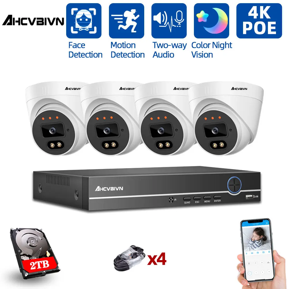 

CCTV Camera System POE 8MP 4CH NVR Kit Security System Intdoor Dome Color Night Vision IP Camera Video Surveillance System Set