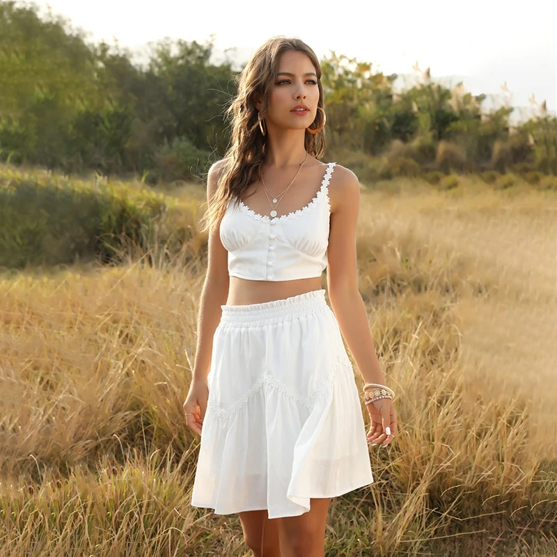 

Elastic waist White Boho 2 Piece Set Women Fashion Sweet Ruched off shoulder Summer Casual Crop Top Beach Mini Skirts Set 2020