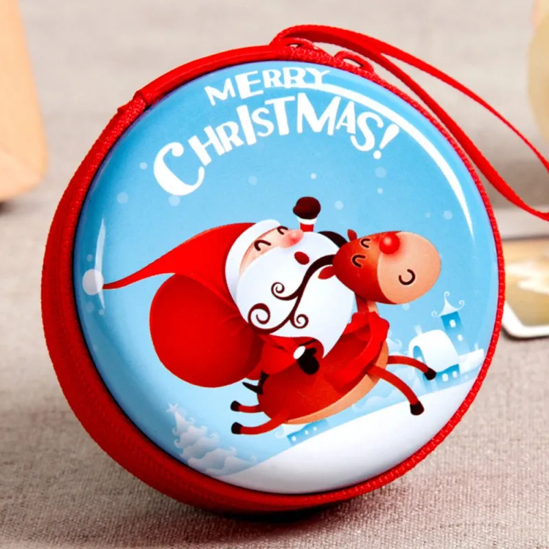 

Christmas Purse Round Portable Cash Box Xmas Gift Case with Zipper for Coins Cash Headset Cable Keys Jewelry Storage Bag