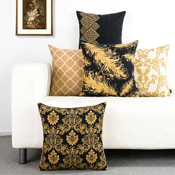 

DUNXDECO Cushion Cover Decorative Pillow Case Modern Black Gold Feather Geometric Print Luxury Sofa Chair Bedding Coussin