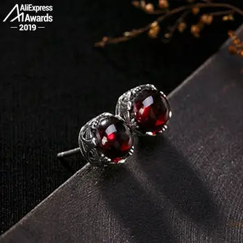 

S925 Fine Jewelry Ruby Stud Earrings Round Cute Fancy Handmade Vintage Natural Carnelian Retro Ruby red jasper