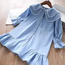 Платье с оборками в Корейском стиле для девочек модные весенние джинсовые платья для девочек 2-7 лет, HJ656