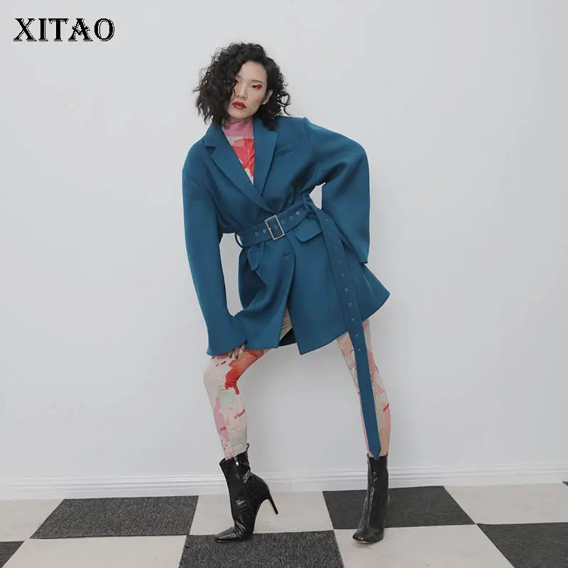XITAO корейский стиль, пальто размера плюс, женские простые шерстяные топы, костюм с воротником, модный приталенный пояс, весна, новинка DMY2393