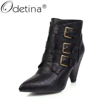 

Odetina Women Fashion Pointed Toe Buckle Strap Checkered Ankle Boots Lady Winter Block Extreme High Heel Side Zipper Short Boots