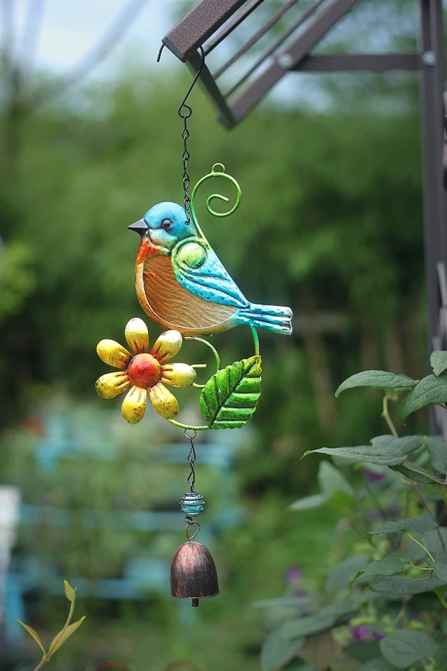 Wrought Iron Colored Glass Blue Flowers Birds Wind Chimes Idyllic