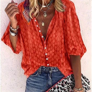 

Orange Long Sleeve Women's Shirt Blouse Autumn Office Lady Blouses For Women Tops 2019 Summer Vintage Button Female Shirts
