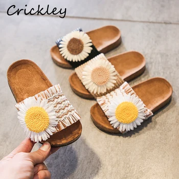 

Kids Cork Slippers Summer Flower Decorate Beach Shoes for Girls Princess Flax Fashion Slippers Soft Non Slip Comfortable Slipper