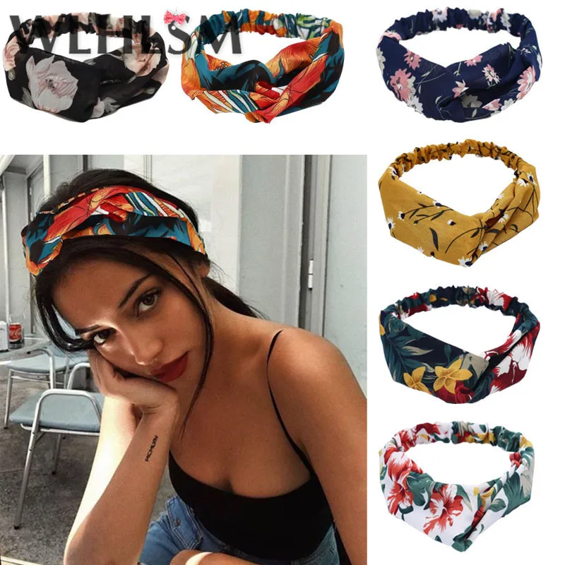 

WLHLSM Women Hair Accessories Fashion Headband Fabric Cross Knotted Bow Chiffon Floral Hair Band Korea Headdress ladies Hoop