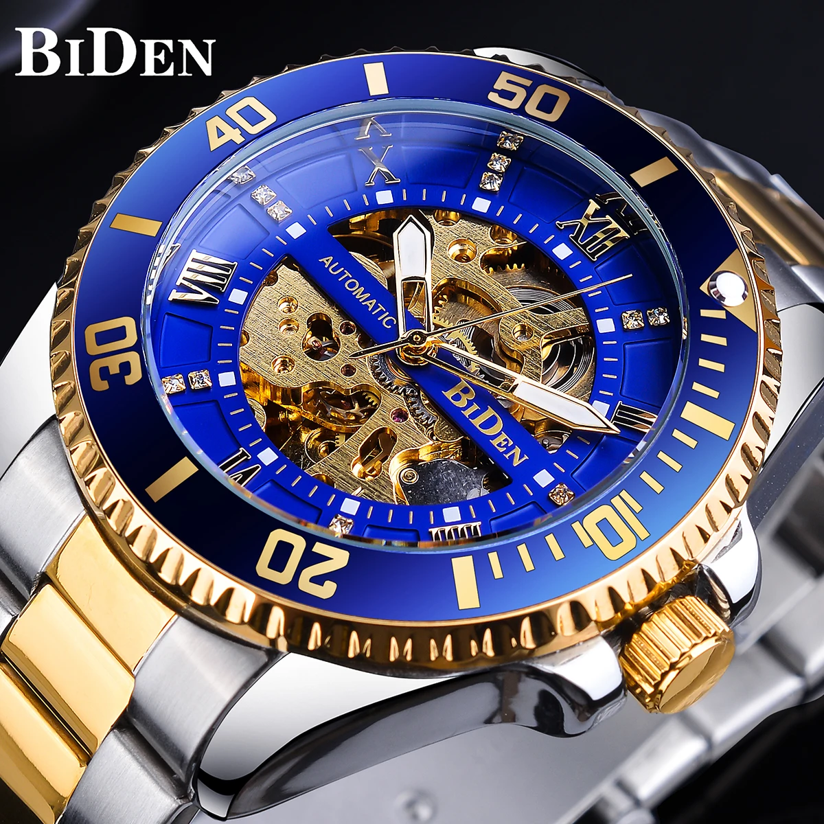 

BIDEN Skeleton Diamond Dial Blue Golden Automatic Waterproof Stainless Steel Band Luminous Hand Roman Numerals Mechanical Watch
