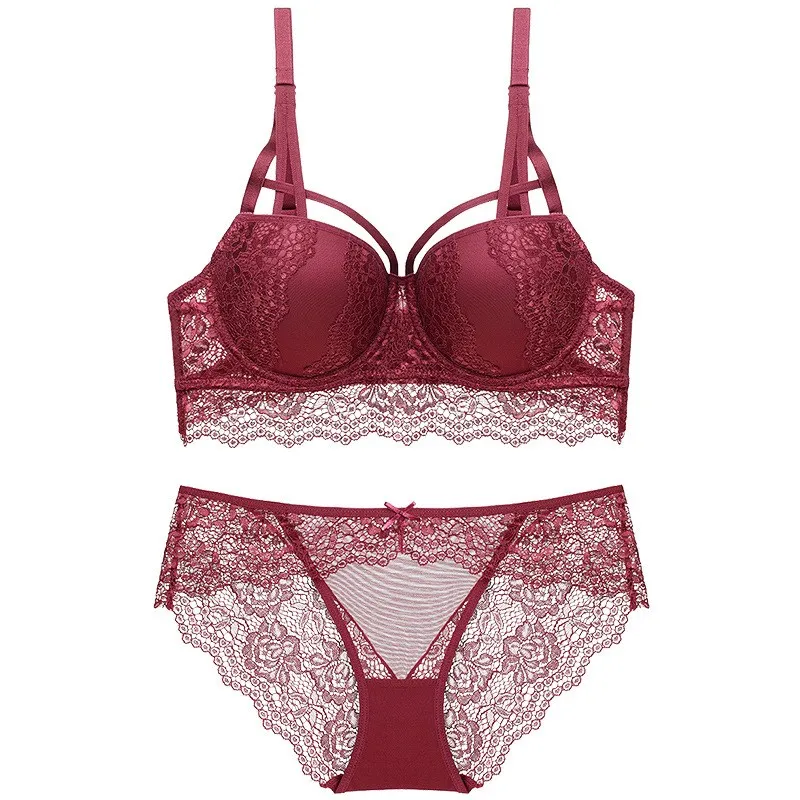 Красный Women Lace Lingerie Bra Set Sexy Bra Set Push Up Bras Underwear Sets Plus Size Adjustable Bras And Panties Set - Цвет: Красный