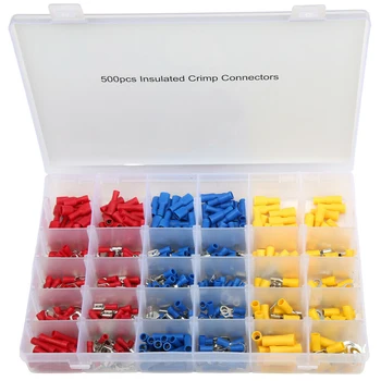 

500pcs Boxed Copper Cold-pressed insulated terminal Cable Wire Connector Electrical Crimp Terminal Spade Butt Ring Fork Sets