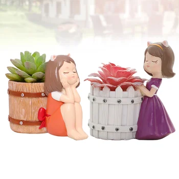 

4pcs Cartoon Girl Succulent Flowerpot Resin Flowerpot Desktop Adornment Potted Plant Ornament (Style 3)