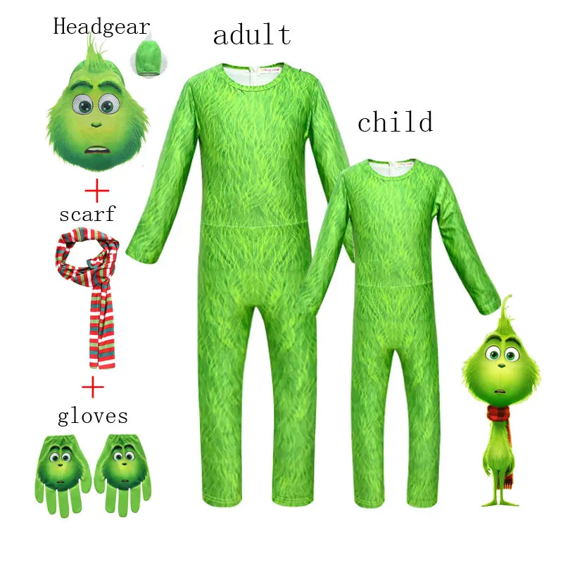 4PCS Set New The Grinch Christmas Costume Cosplay Green-haired Monster Jumpsuit Clothes Kids Halloween Girls Boys C58609CH | Детская
