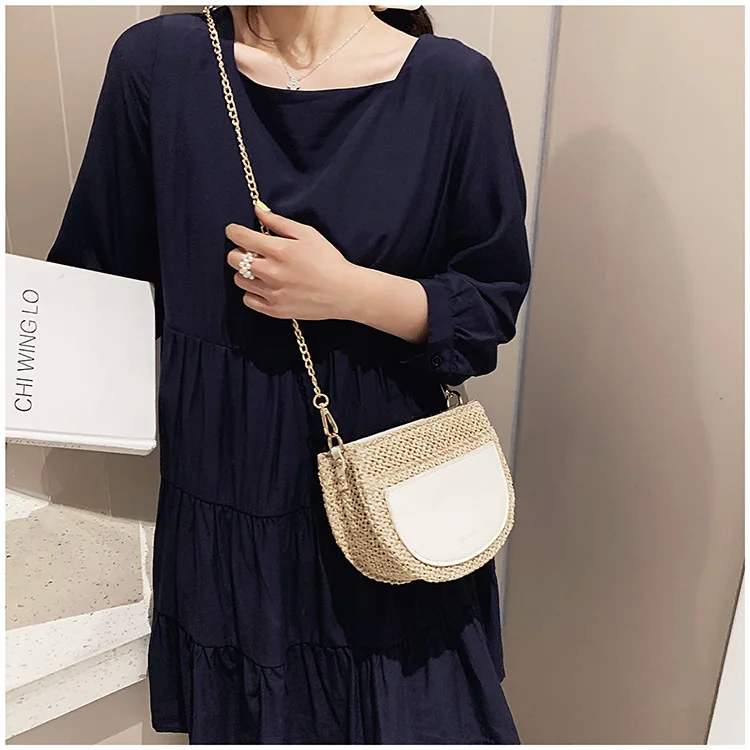 JIULIN The new crescent grass knitted handmade multi-pocket Bohemian style single shoulder straddle lady bag in