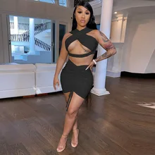 

Women's Two-piece New Style Halter Vest Pleated Hip Short Skirt Skirt Artificial Skirt Halter Hollow Leather Bodycon Club Sexy