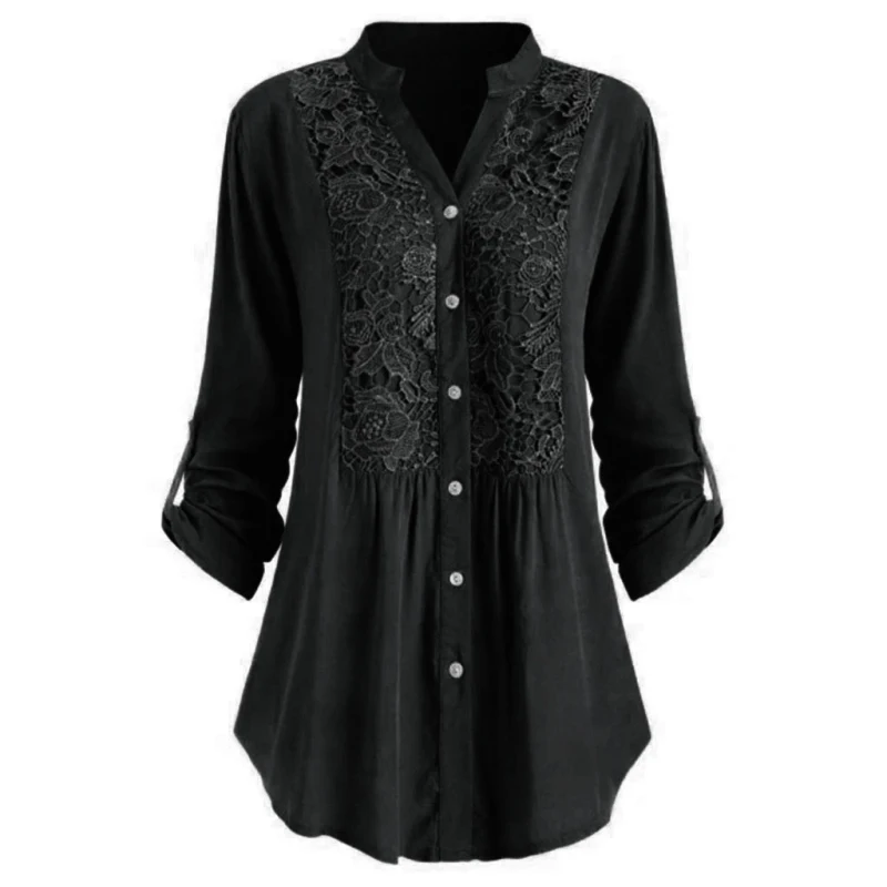 Женская свободная рубашка размера плюс 5XL, милая пляжная хлопковая блузка с цветочной вышивкой, рубашка с закатанными рукавами, свободная кружевная Вязаная блуза - Цвет: Черный