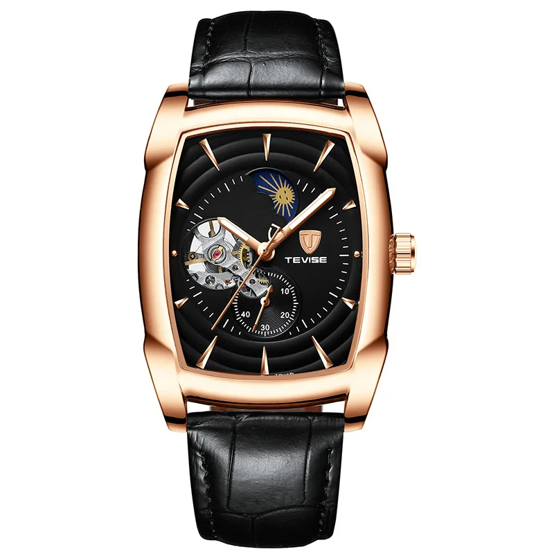 Gold Black Black TEVISE Лидирующий бренд Модные Роскошные автоматические механические часы со скелетом Moon Phase кожаные светящиеся водонепроницаемые мужские наручные часы - Цвет: Gold Black Black