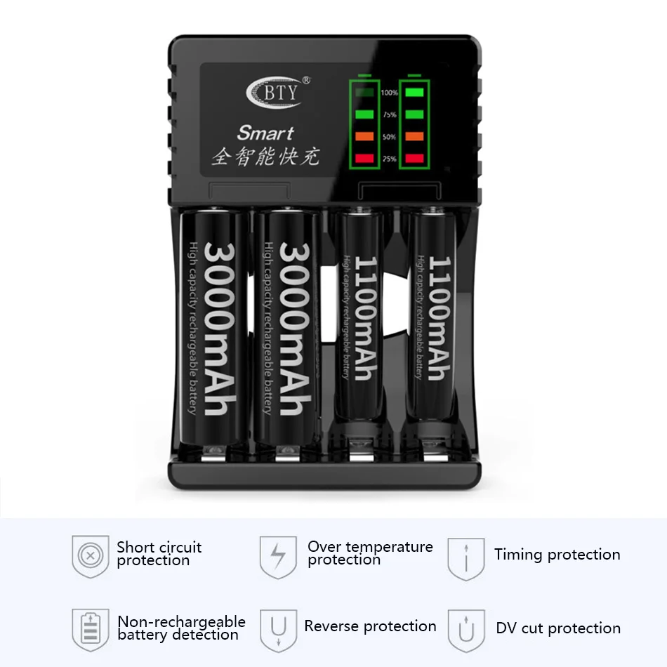

Smart Battery Charger 4 Bay for Rechargeable Batteries Ni-MH Ni-Cd AA AAA with Car Adapter LCD Display UL Listed