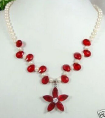 917 + очаровательный белый жемчуг красный камень цветок Подвески ожерелье |
