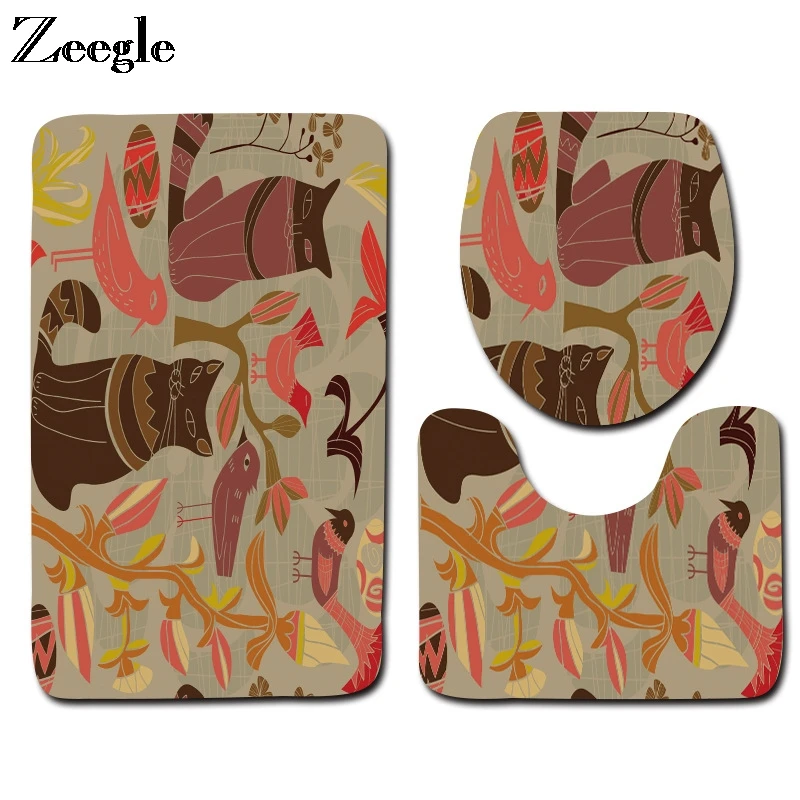 Zeegle Printed Animals Bath Mat Set Anti Slip Bathroom Doormat Polyester Toilet Pedestal Rug Foot Mat Absorbent 3pcs Toilet Set