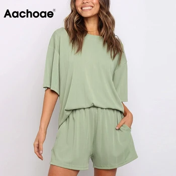 

Aachoae Casual Tracksuit Women 2 Piece Set Summer Loose Short Sleeve Top Suit Set High Waist Sweatpants Shorts Solid Outfits