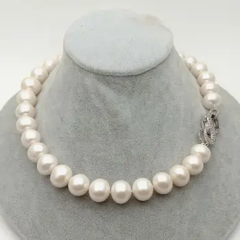

18" 13-14mm Big Cultured White Pearl Necklace Cz pave Clasp