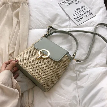 

Casual Chains Straw Bucket Bags Women Summer Messenger Rattan Beach Lady Travel Purses and Handbags Shoulder Bag