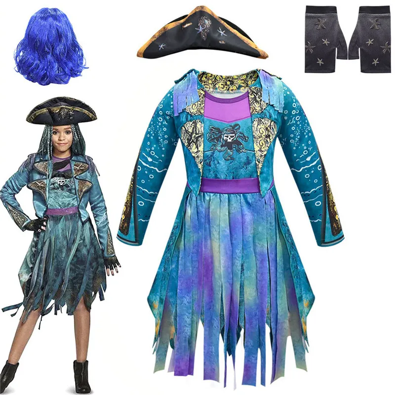 Косплей потомки 3 ума Урсула девушки пиратский костюм синий парик цвета радуги Хэллоуин Карнавал макияж партии костюм реквизит