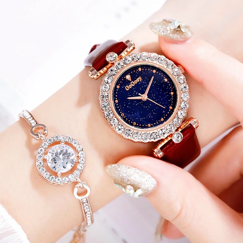 Red With Bracelet Женские часы с бриллиантами, Роскошные, Звездные, браслет, ювелирные изделия, платье, часы, набор, модные, женские, кожа, кварцевые часы Zegarek Damski - Цвет: Red With Bracelet