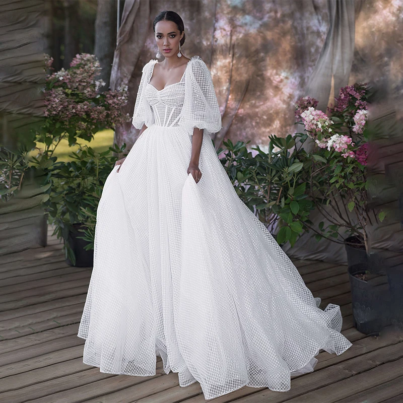 

Vestido De Noiva Cap Sleeve Lace Appliques Tulle Bridal A Line Elegant Sweetheart Court Train Button Back Wedding Dress