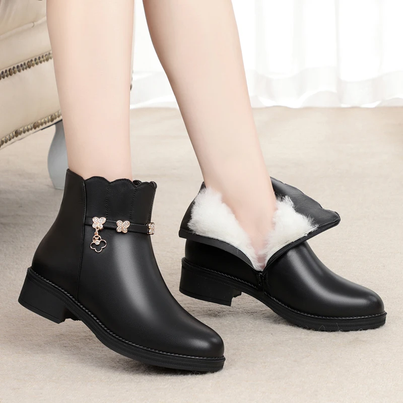 GKTINOO Genuine Leather Ankle Boots Warm Wool Snow Boots Women Square Heel Ladies High Quality Winter Boots Fashion Shoes