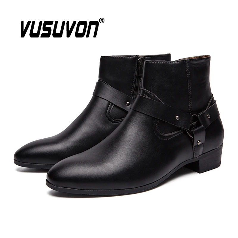 

2020 New Ankle Boots Chelsea Boots PU Leather Men Boots Breathable Autumn Winter Fashion Pointed Toe Heels Dress Shoes Big Size