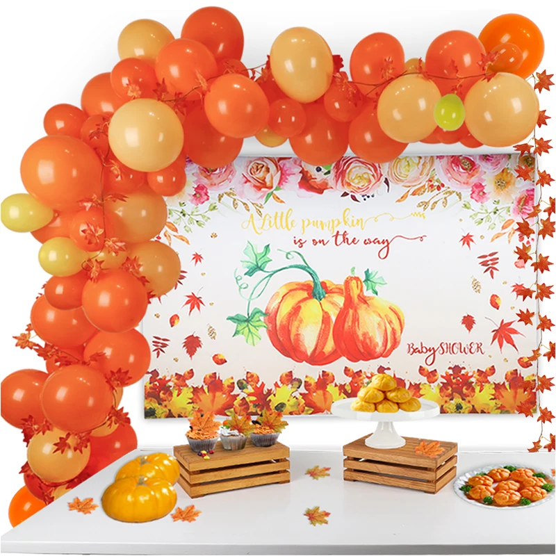 

Baby Shower Pumpkin Decoration Party Kit Pumpkin Backdrop orange Balloon Maple Leaf Garlands Autumn Fall Leaves for Thanksgiving