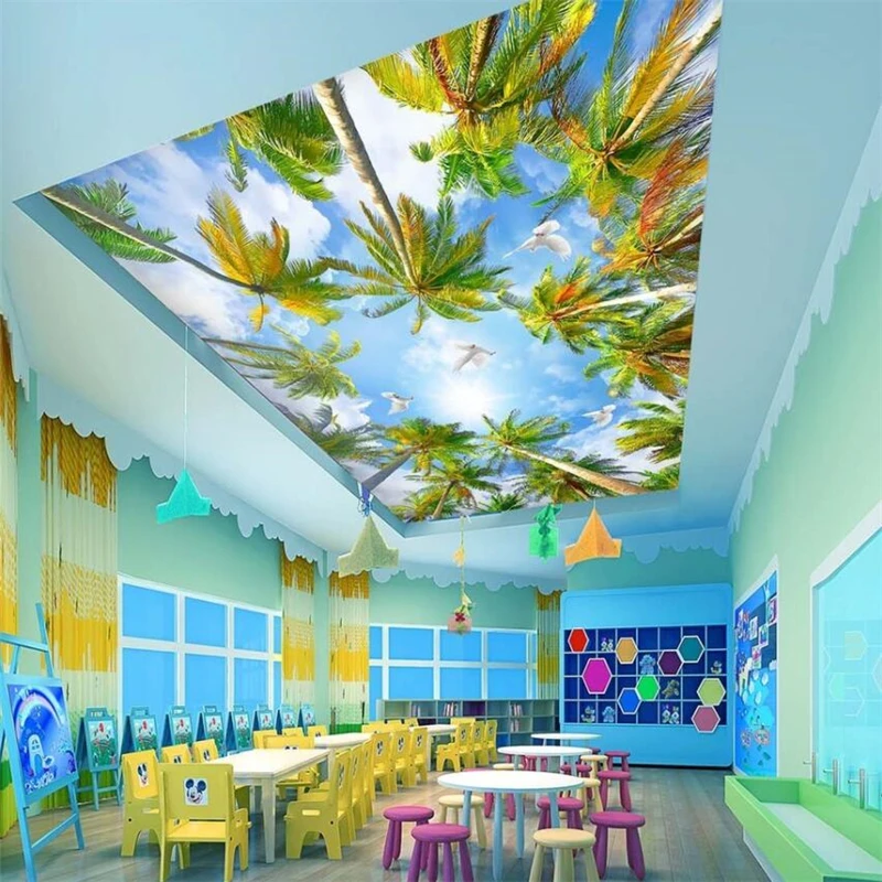 Beibehang-Hawaii-summer-coconut-palm-tree-ceiling-painting-blue-sky-and-white-clouds-ceiling-custom-large (3)