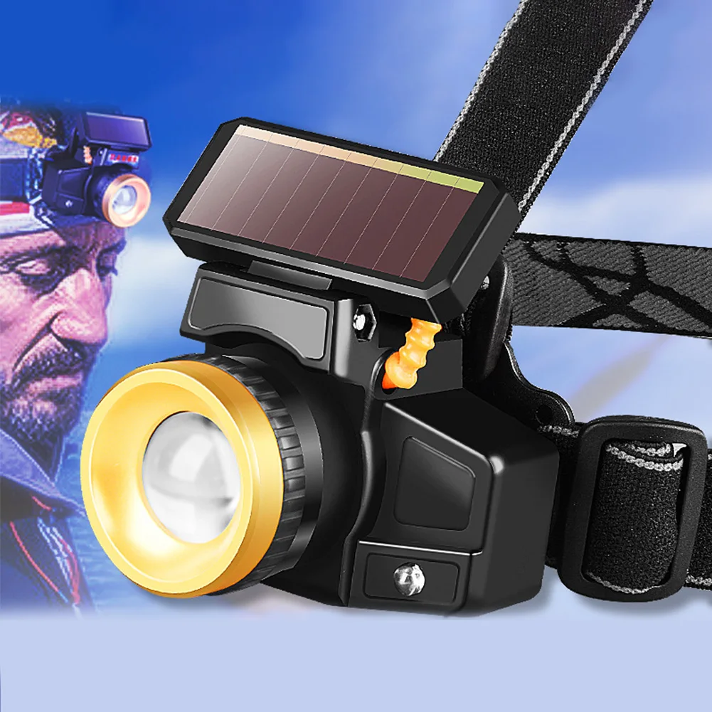 High Brightness Hiking Solar Powered Zoomable Camping Portable Headlight With Belt Motion Sensor Fishing Outdoor Sport Emergency
