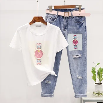 

Summer Set Female Beading Watch Print Cotton T shirt + Holes Denim Pants Sets Loose Casual T-shirt Jeans Women Two Piece Outfits