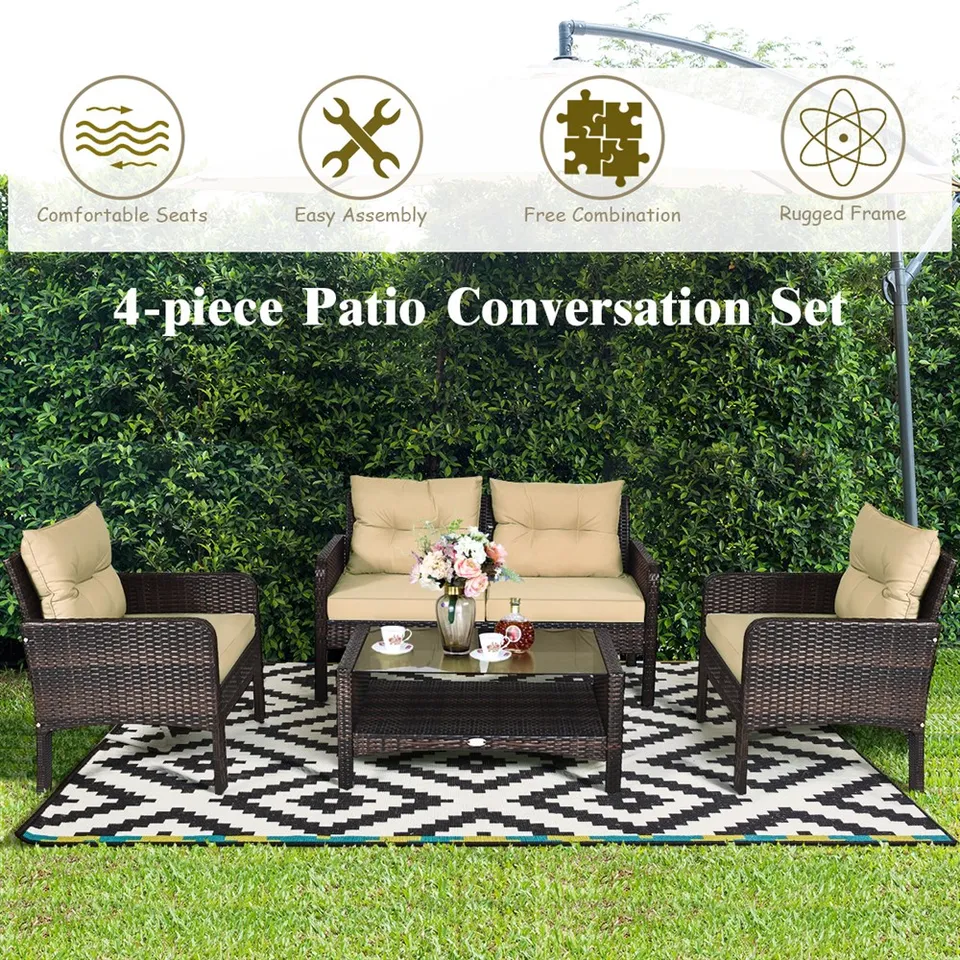 Costway 4pcs Patio Rattan Furniture Set Loveseat Sofa Coffee Table Garden W Cushion Aliexpress