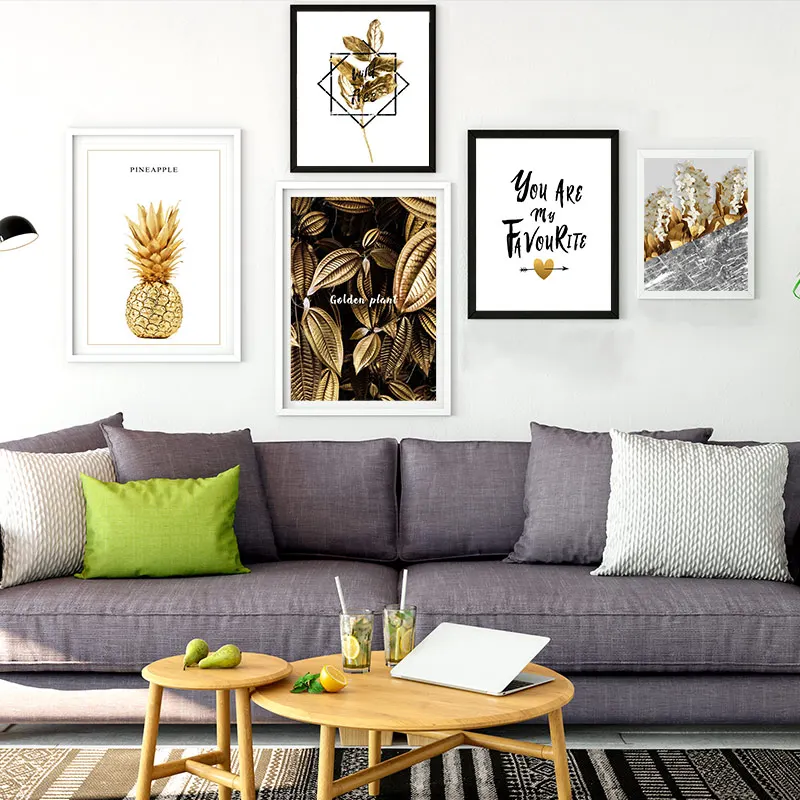 BANMU Golden Leaves Wall Poster Nordic Style Golden-Yellow Plants Artwork Home Decor Wall Art Canvas Painting Bedroom Decor