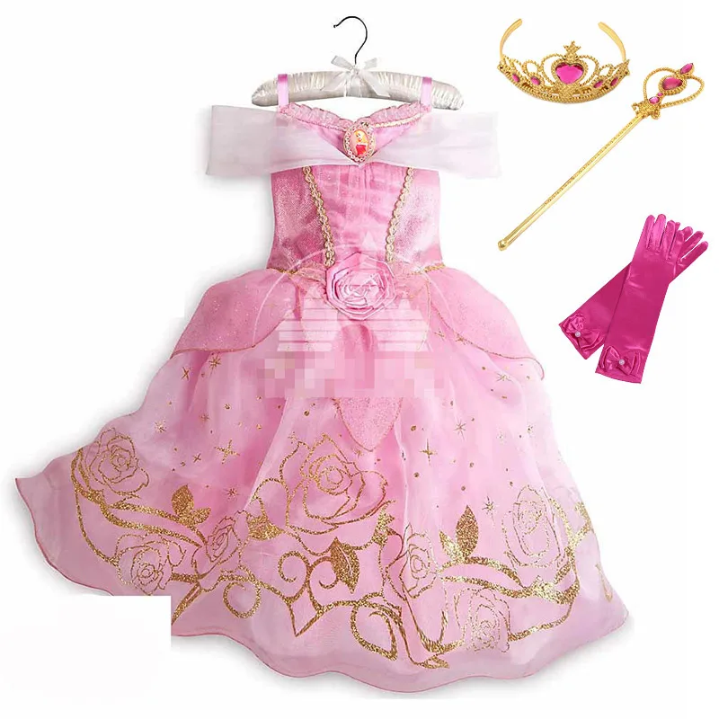 Vestido de la Bella Durmiente Aurora para niñas, manga larga, hombros descubiertos, bata de encaje, hermoso regalo de Navidad para niños, elegantes trajes de fiesta de princesa