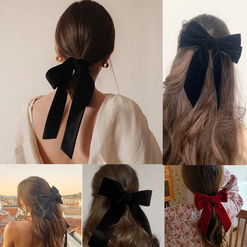 2021 Fashion Girls Retro Black Velvet Bow Hairpin Ladies Wedding Long Satin Ribbon Korean Hairpin Hair Accessories Headdress