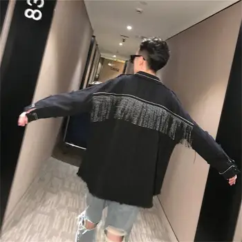 

Fashion Brand Men Hip Hop Sequined Fringed Vintage Denim Jacket Mens Spring Autumn Loose Outwear Hombre Casaco Masculino