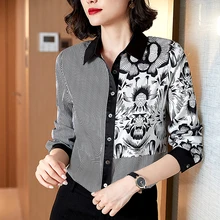 

Autumn Women Shirt Printed Floral Blouses for Women Vintage Long Sleeve Top Women Polo Neck Button Up Tops Female Basic Shirt OL