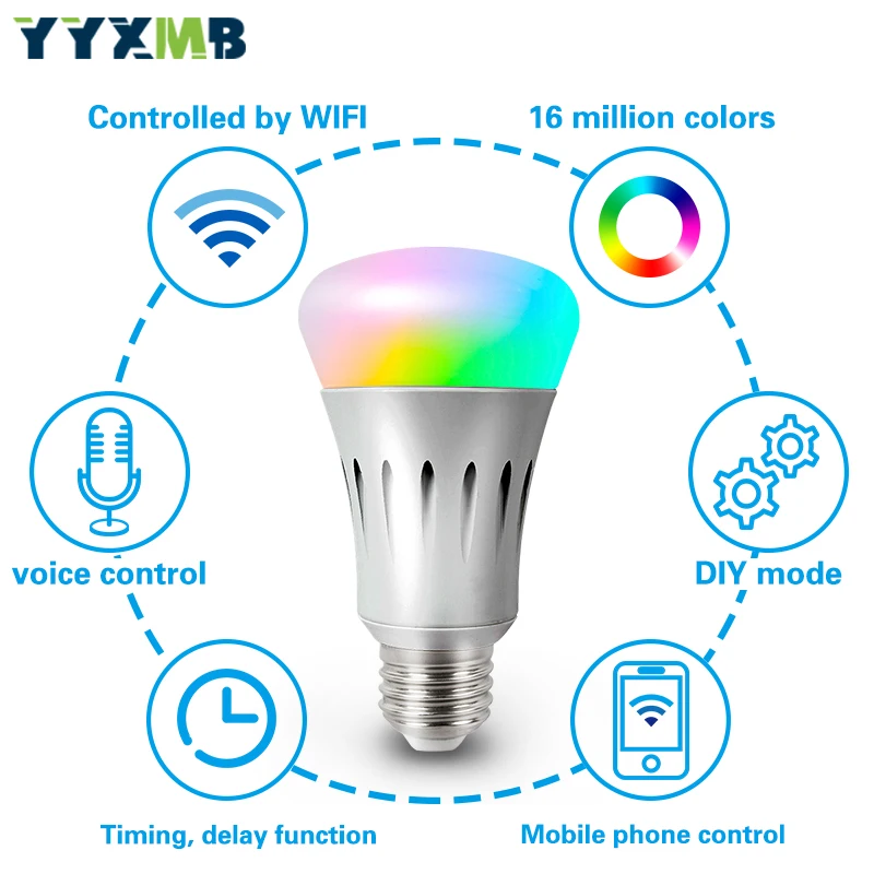 YYXMB умный голосовой контроль, wifi светильник, лампа RGB+ WW+ CW, затемненный светодиодный светильник, поддержка Amazon ECHO/Google Home/IFTTT, wifi светодиодный светильник