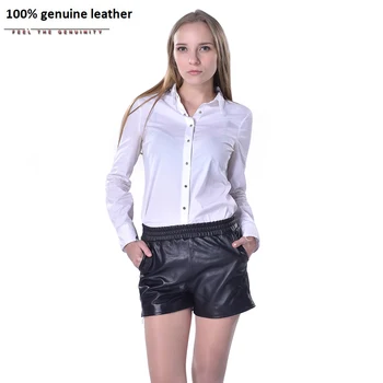 

Factory New Fashion Women Genuine Sheepskin Leather Short Brand Design High Waist Soft Black Ladies Feminino Pants ZH087