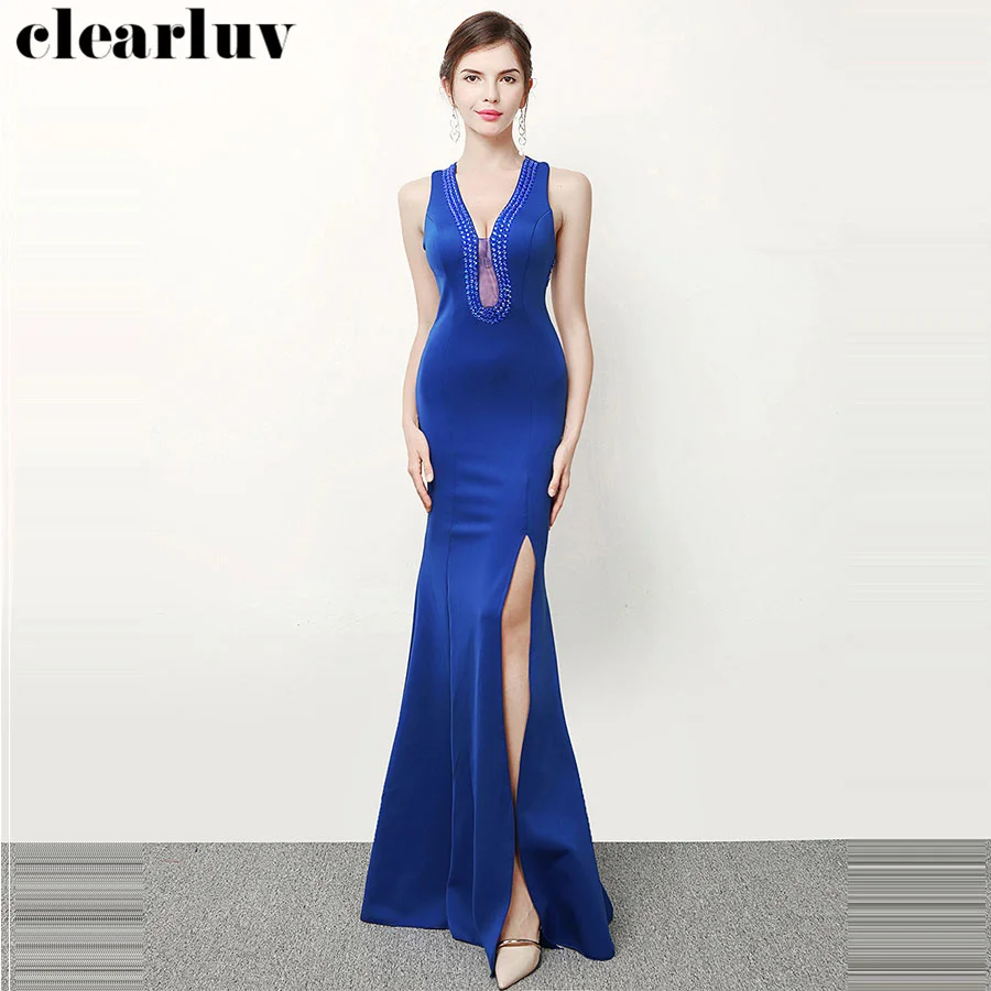 Прозрачное платье русалки Королевского синего цвета размера плюс Robe De Soiree DX308-3 сексуальное вечернее платье с v-образным вырезом и разрезом длинные тонкие вечерние платья