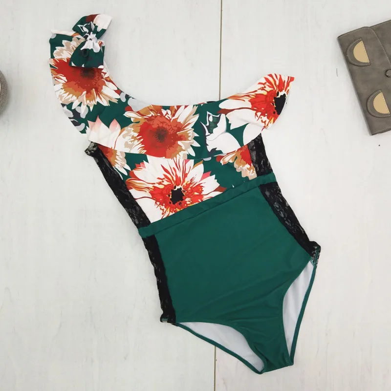 Сексуальный цветочный цельный купальный костюм, купальник с пуш-ап, женская одежда для плавания с рюшами, одни плечевые купальники, боди, купальный костюм, пляжная одежда для бассейна