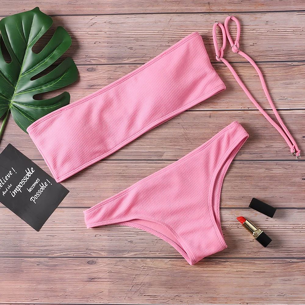 Одноцветный купальник бикини, женский пляжный костюм, низкая талия, сексуальный купальник с открытыми плечами, женский купальник с бюстгальтером - Цвет: Розовый